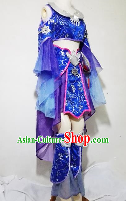 Chinese Traditional Cosplay Female Knight Costume Ancient Swordsman Taoist Nun Blue Dress for Women