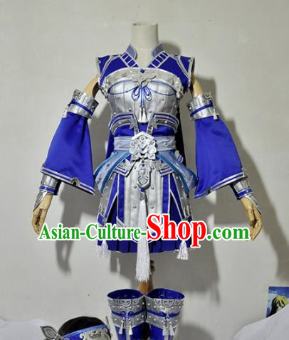 Chinese Traditional Cosplay Female Knight Costume Armour Ancient Swordsman Blue Dress for Women