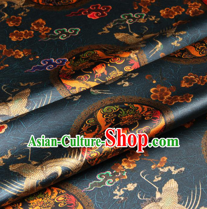Chinese Traditional Classical Dragon Crane Pattern Navy Blue Brocade Damask Asian Satin Drapery Silk Fabric
