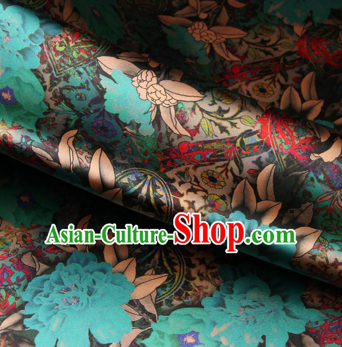 Chinese Traditional Classical Peony Pattern Green Brocade Damask Asian Satin Drapery Silk Fabric