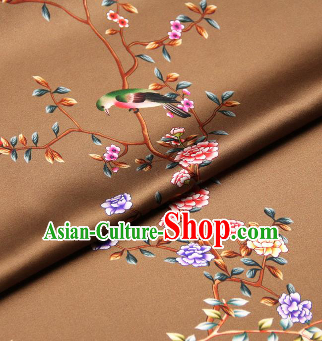 Chinese Traditional Classical Peony Birds Pattern Brown Brocade Damask Asian Satin Drapery Silk Fabric