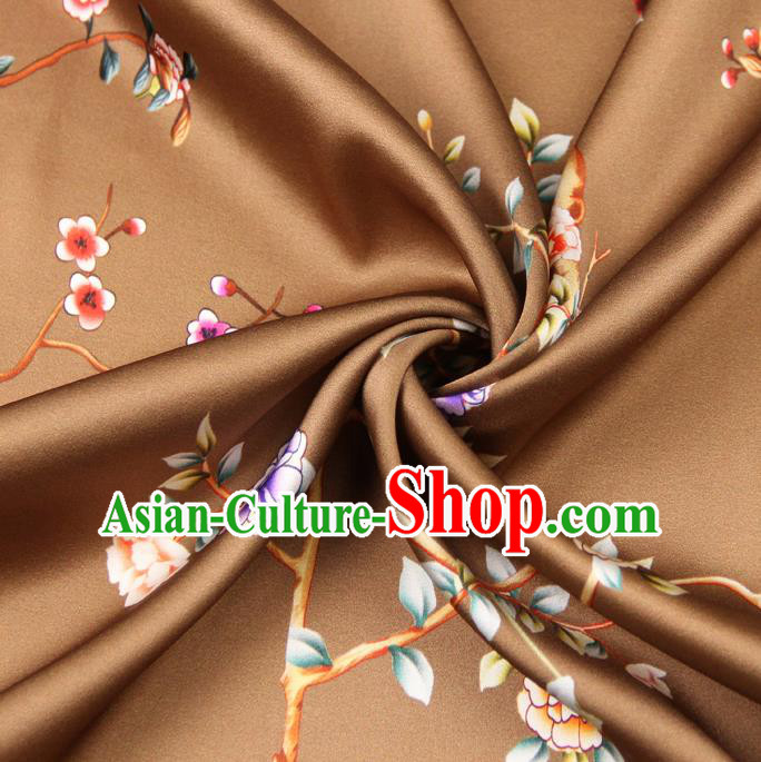 Chinese Traditional Classical Peony Birds Pattern Brown Brocade Damask Asian Satin Drapery Silk Fabric