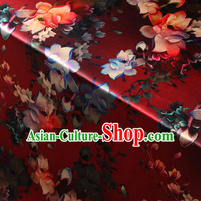 Chinese Traditional Classical Lotus Flowers Pattern Red Brocade Damask Asian Satin Drapery Silk Fabric