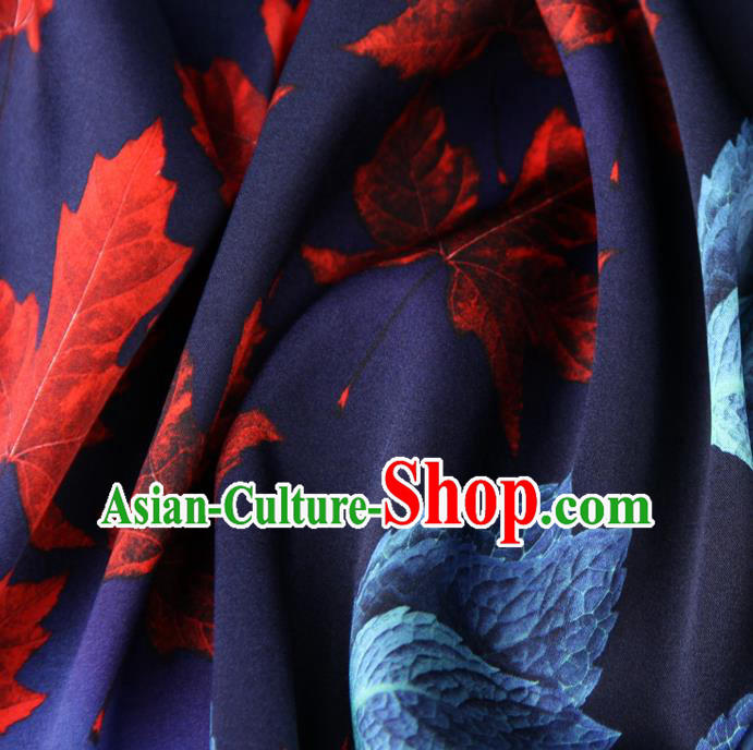 Chinese Traditional Classical Maple Leaf Pattern Deep Blue Brocade Damask Asian Satin Drapery Silk Fabric