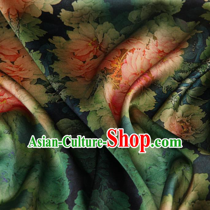 Chinese Traditional Classical Peony Pattern Atrovirens Brocade Damask Asian Satin Drapery Silk Fabric