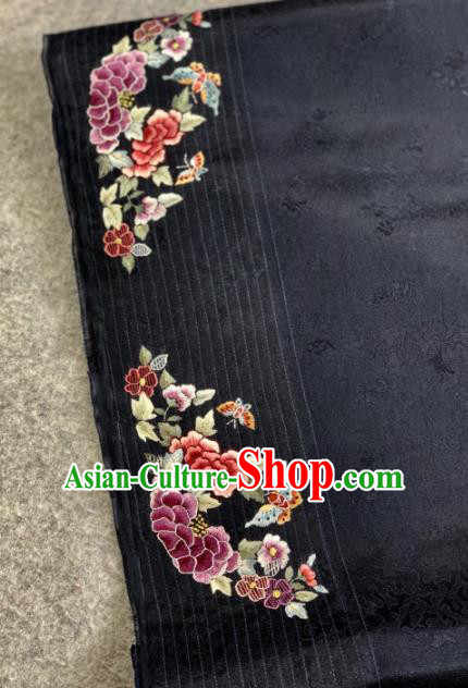 Traditional Chinese Black Satin Classical Embroidered Peony Butterfly Pattern Design Brocade Fabric Asian Silk Fabric Material