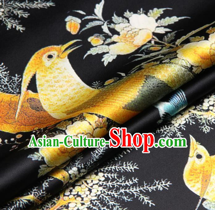 Chinese Traditional Classical Flowers Birds Pattern Black Brocade Damask Asian Satin Drapery Silk Fabric