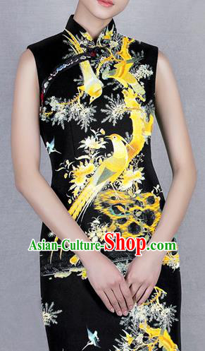 Chinese Traditional Classical Flowers Birds Pattern Black Brocade Damask Asian Satin Drapery Silk Fabric