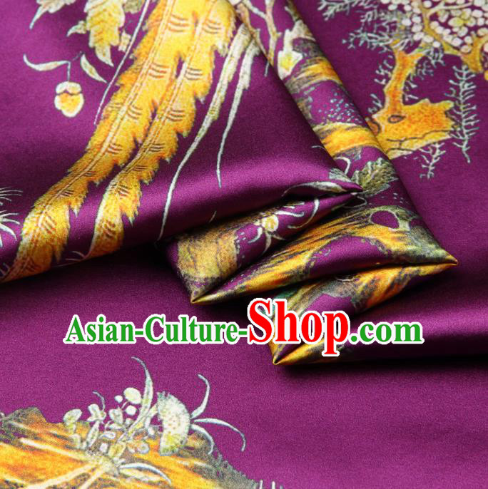 Chinese Traditional Classical Flowers Birds Pattern Purple Brocade Damask Asian Satin Drapery Silk Fabric