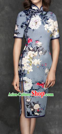 Chinese Traditional Classical Yulan Magnolia Pattern Grey Brocade Damask Asian Satin Drapery Silk Fabric
