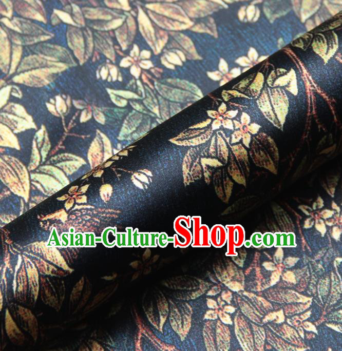Chinese Traditional Classical Leaf Pattern Navy Brocade Damask Asian Satin Drapery Silk Fabric