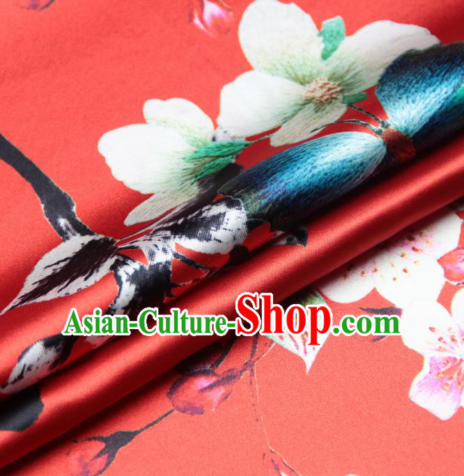 Chinese Traditional Classical Peach Flowers Pattern Red Brocade Damask Asian Satin Drapery Silk Fabric
