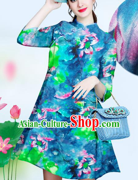 Chinese Traditional Classical Lotus Pattern Blue Brocade Damask Asian Satin Drapery Silk Fabric