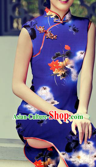 Chinese Traditional Classical Lotus Pattern Royalblue Brocade Damask Asian Satin Drapery Silk Fabric