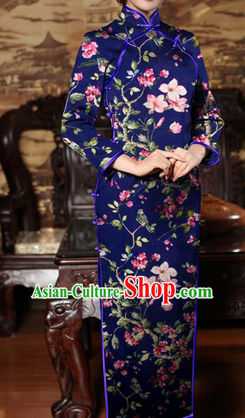 Chinese Traditional Classical Begonia Pattern Royalblue Brocade Damask Asian Satin Drapery Silk Fabric