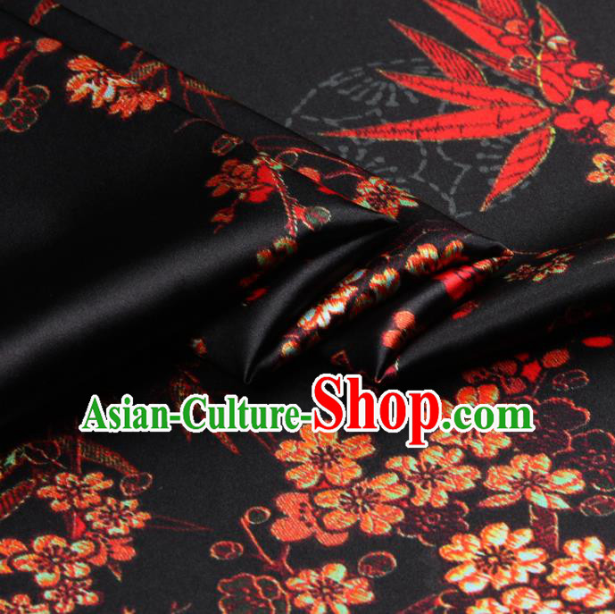 Chinese Traditional Classical Bamboo Plum Pattern Black Brocade Damask Asian Satin Drapery Silk Fabric