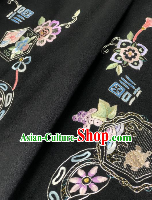 Traditional Chinese Satin Classical Embroidered Longevity Pattern Design Black Brocade Fabric Asian Silk Fabric Material