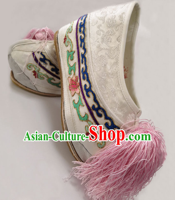 Chinese Traditional Beijing Opera Diva Shoes Ancient Princess White Embroidered Shoes for Women