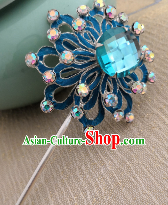 Chinese Ancient Queen Blue Crystal Hairpins Traditional Beijing Opera Diva Hair Accessories for Adults