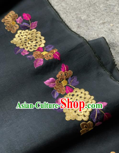 Traditional Chinese Satin Classical Embroidered Chrysanthemum Pattern Design Black Brocade Fabric Asian Silk Fabric Material