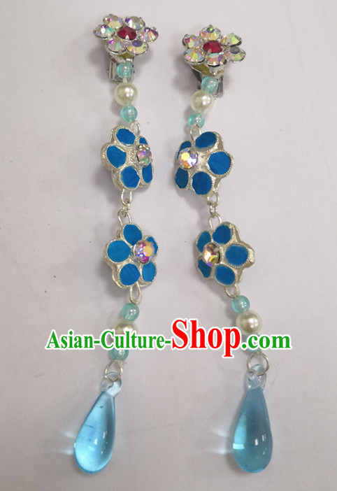 Chinese Ancient Queen Light Blue Crystal Plum Earrings Traditional Beijing Opera Diva Ear Accessories for Adults