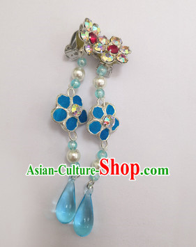 Chinese Ancient Queen Plum Blue Crystal Earrings Traditional Beijing Opera Diva Ear Accessories for Adults