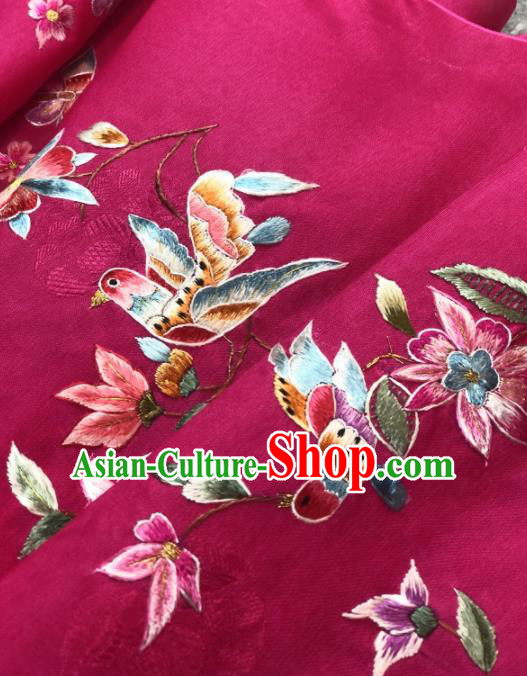 Traditional Chinese Satin Classical Embroidered Bird Flowers Pattern Design Rosy Brocade Fabric Asian Silk Fabric Material