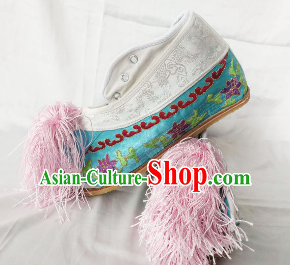 Chinese Traditional Beijing Opera Diva Shoes Ancient Princess Blue Embroidered Shoes for Women