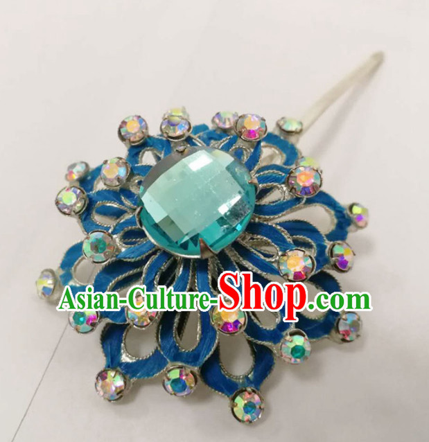 Chinese Traditional Beijing Opera Hair Accessories Ancient Queen Blue Crystal Flower Hairpins for Women
