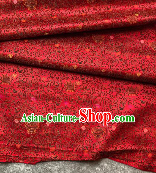 Traditional Chinese Red Satin Classical Censer Pattern Design Brocade Fabric Asian Silk Fabric Material