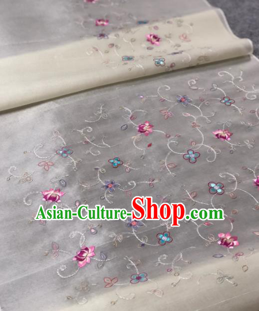 Traditional Chinese White Silk Fabric Classical Embroidered Lotus Pattern Design Brocade Fabric Asian Satin Material