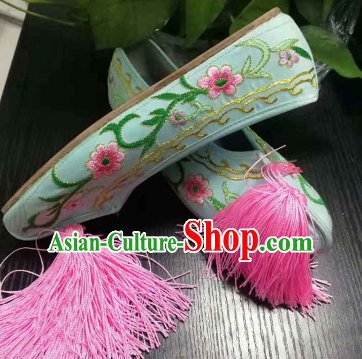 Chinese Traditional Beijing Opera Diva Green Satin Shoes Ancient Princess Hanfu Embroidered Shoes for Adults