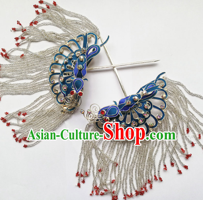 Chinese Ancient Queen Tassel Blueing Hairpins Traditional Beijing Opera Diva Hair Accessories for Adults