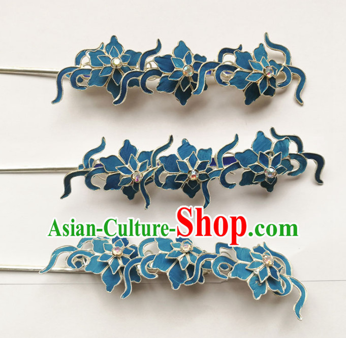 Chinese Ancient Queen Blue Flowers Hairpins Traditional Beijing Opera Diva Hair Accessories for Adults
