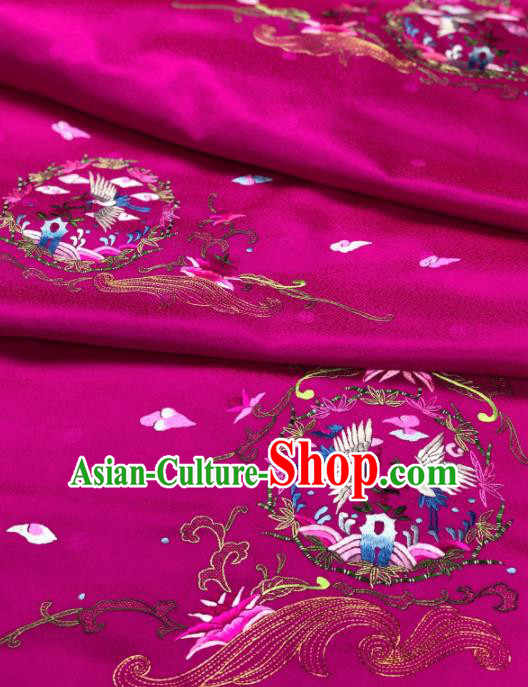 Traditional Chinese Rosy Silk Fabric Classical Embroidered Cranes Pattern Design Brocade Fabric Asian Satin Material