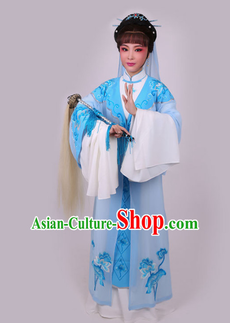 Chinese Traditional Peking Opera Diva Blue Dress Ancient Taoist Nun Embroidered Costume for Women