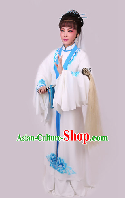 Chinese Traditional Peking Opera Diva White Dress Ancient Taoist Nun Embroidered Costume for Women