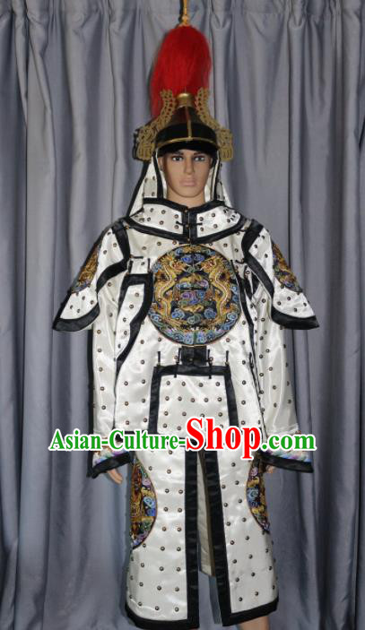 Chinese Traditional White Costume Ancient Qing Dynasty Manchu General Helmet and Body Armour for Men