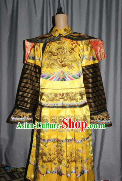 Chinese Traditional Drama Manchu Golden Silk Costume Ancient Qing Dynasty Emperor Imperial Robe for Men