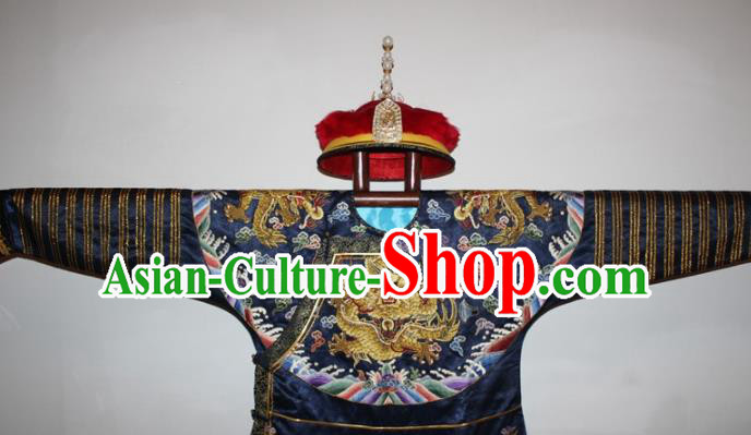 Chinese Traditional Drama Manchu Navy Silk Costume Ancient Qing Dynasty Emperor Imperial Robe for Men