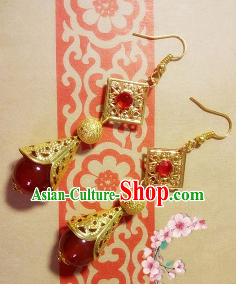 Chinese Ancient Princess Red Bead Earrings Traditional Hanfu Palace Jewelry Accessories for Women