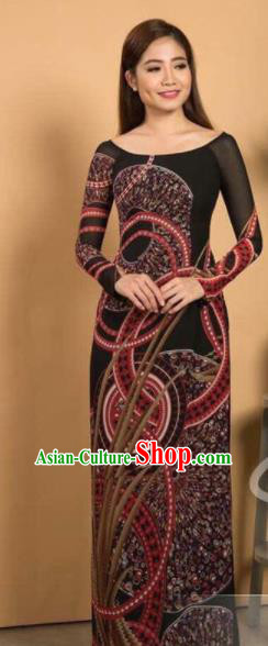 Asian Vietnam Traditional Printing Brown Dress Vietnamese Classical Ao Dai Cheongsam for Women