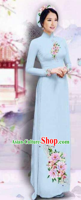 Asian Vietnam Traditional Printing Flowers Blue Dress Vietnamese Classical Ao Dai Cheongsam for Women