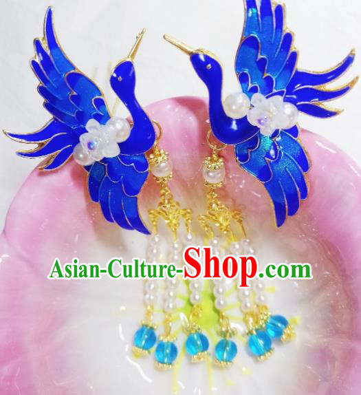 Chinese Ancient Princess Hairpins Palace Blueing Crane Tassel Hair Claws Traditional Hanfu Hair Accessories for Women