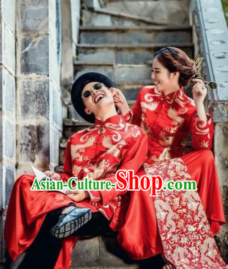 Asian Vietnam Traditional Wedding Costumes Vietnamese National Bride and Bridegroom Ao Dai Clothing Complete Set
