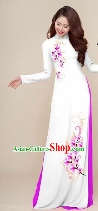 Asian Vietnam Traditional Printing Plum White Dress Vietnamese National Classical Ao Dai Cheongsam for Women