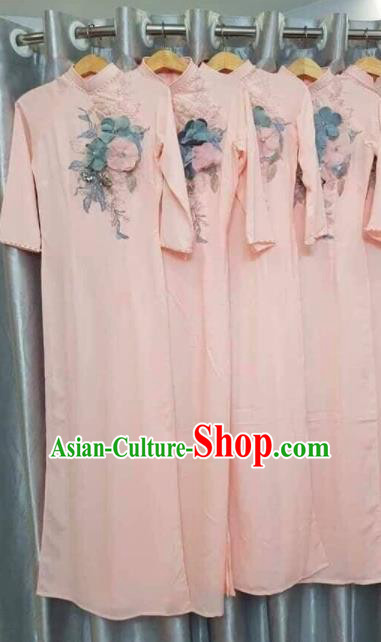 Asian Vietnam Traditional Embroidered Pink Dress Vietnamese National Classical Ao Dai Cheongsam for Women