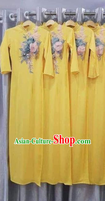 Asian Vietnam Traditional Embroidered Yellow Dress Vietnamese National Classical Ao Dai Cheongsam for Women
