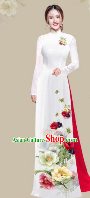 Asian Vietnam Traditional Printing Camellia Dress Vietnamese National Classical Ao Dai Cheongsam for Women