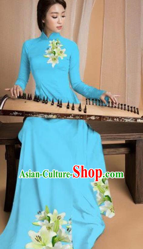 Asian Vietnam Traditional Printing Lily Flowers Light Blue Dress Vietnamese National Classical Ao Dai Cheongsam for Women